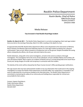 MEDIA RELEASE Two Arrested in Fatal Rocklin Road Rage Incident